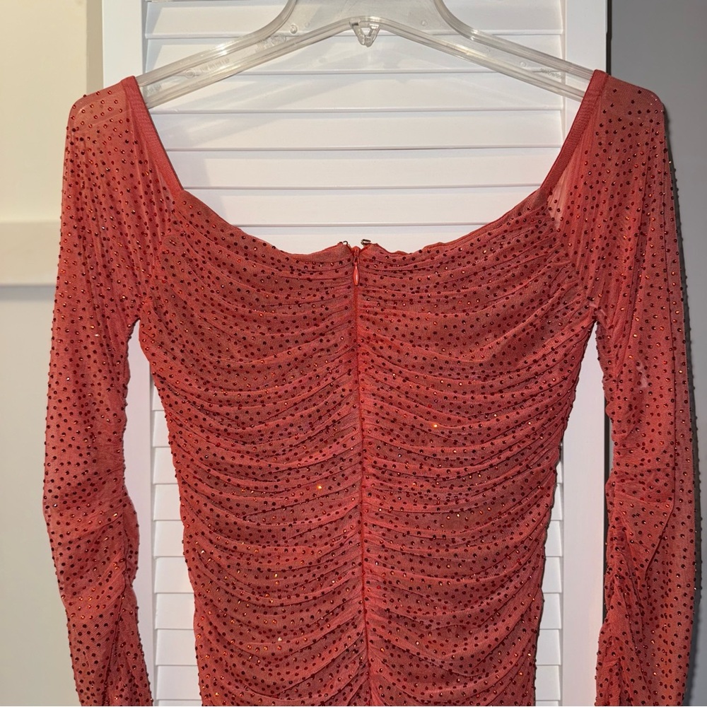 NEW Miss Circle Ruched Mesh Crystal Sparkle Long Sleeve Bodycon Dress Medium - Picture 7 of 12